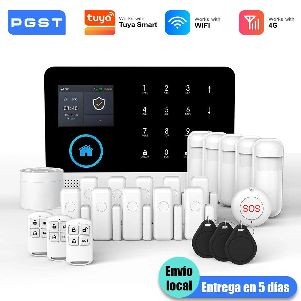 Kit de Alarma Inteligente PGST – 4G + WiFi, Sensor Movimiento y Puerta, Compatible Tuya, Alexa y Smart Life