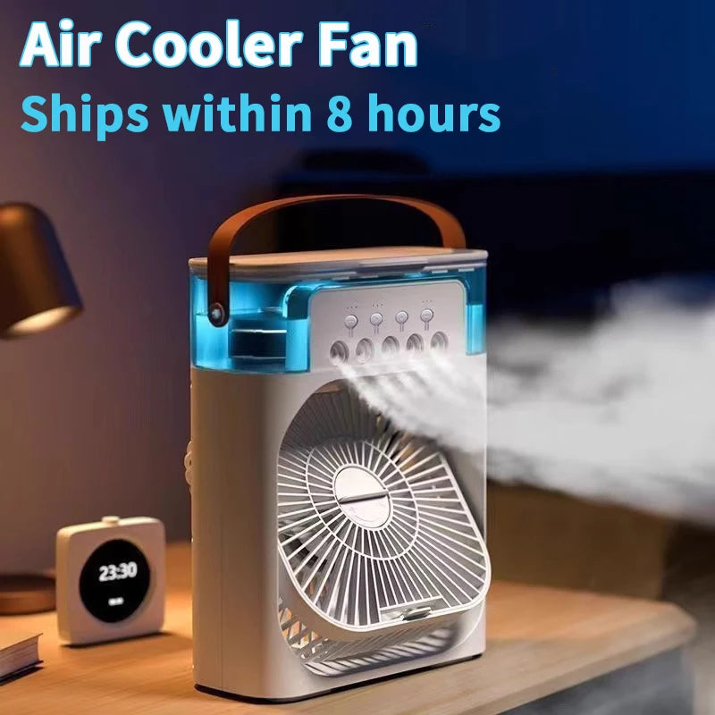 Ventilador 3 en 1 OIMG Portatil, Mini Aire Acondicionado con Humidificador, Luz LED Nocturna de 7 Colores, 3 Velocidades y Nebulizacion para Hogar y Oficina