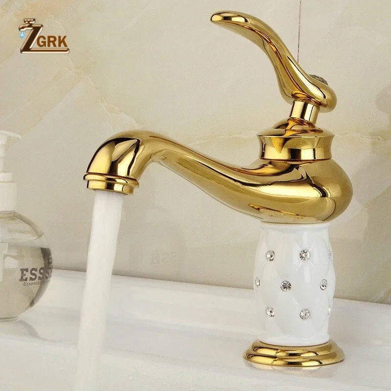 Grifo de Lavabo ZGRK Dorado Diamante | Monomando Latón | Agua Fría y Caliente | Estilo Clásico de Lujo