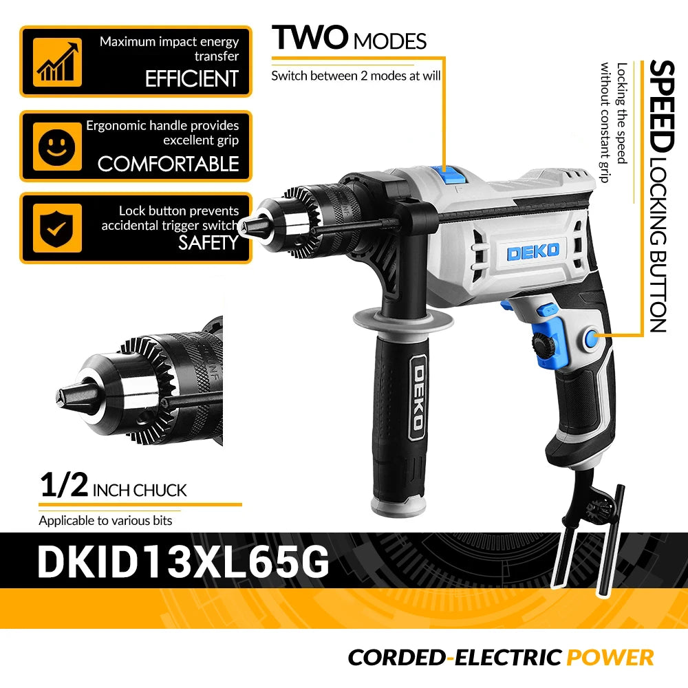 Taladro Percutor Eléctrico DEKO DKID13XL65G – 220V, 2 Funciones (Taladro + Destornillador), Enchufe EU