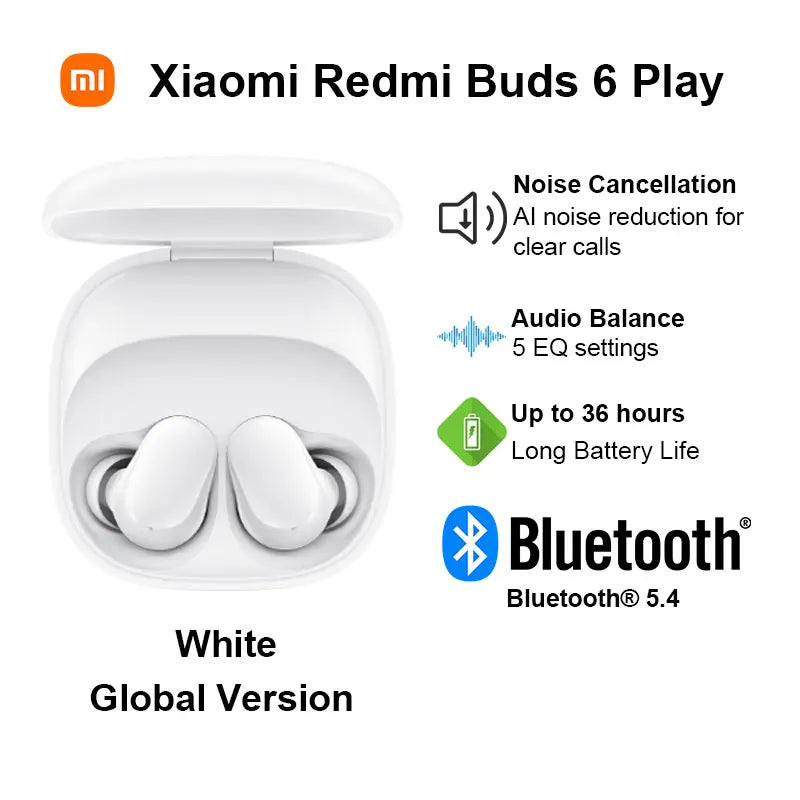 Auriculares Inalámbricos Xiaomi Redmi Buds 6 Play – Bluetooth 5.4, Reducción de Ruido IA, 36h Batería
