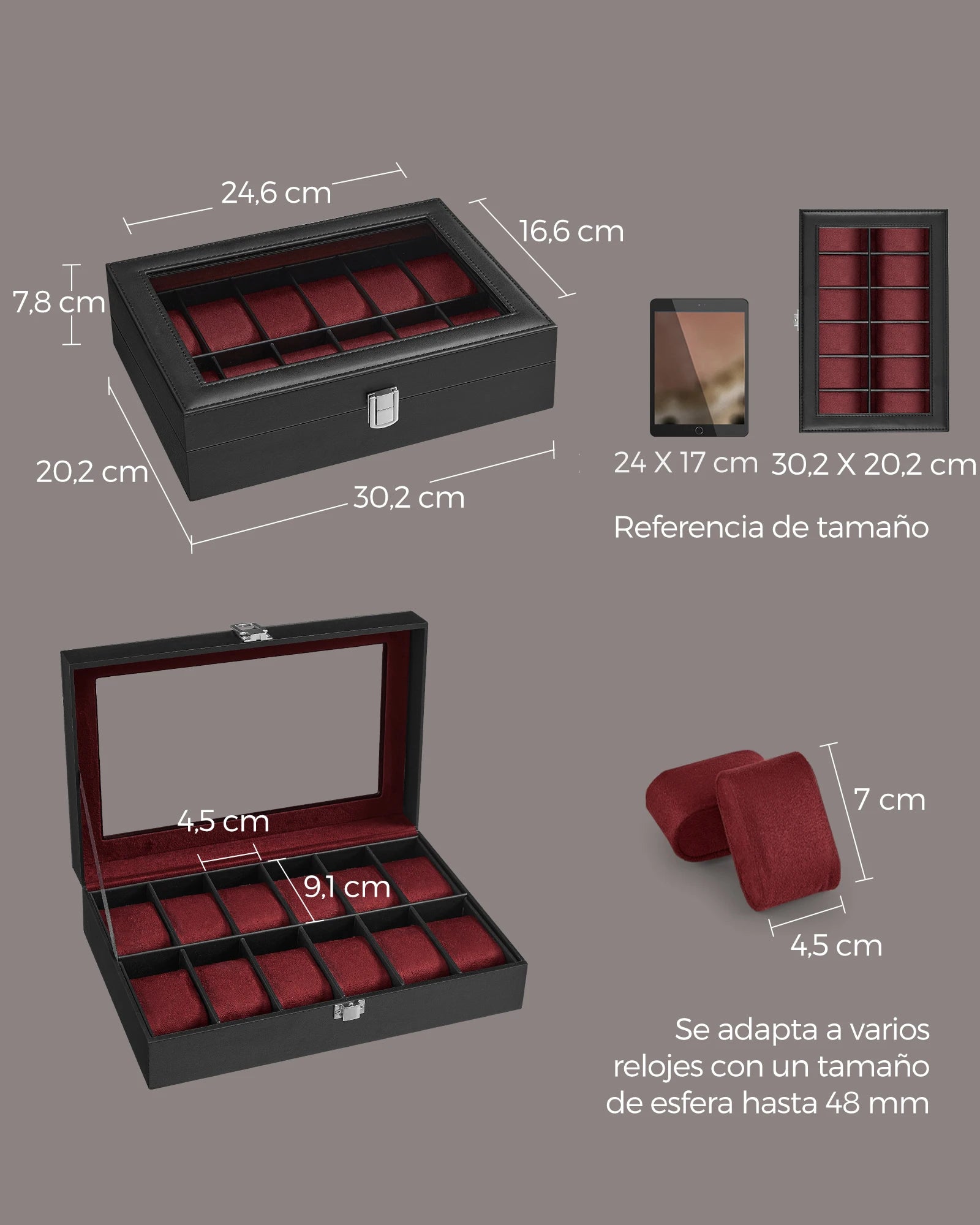 Caja para Relojes SONGMICS 12 Compartimentos – Tapa de Cristal, Cuero Sintético, Varios Colores