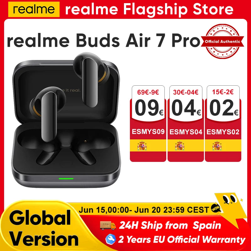 Auriculares Bluetooth Realme Buds Air 7 Pro – ANC 53dB, 48h, LHDC 5.0, Traductor IA, IP55