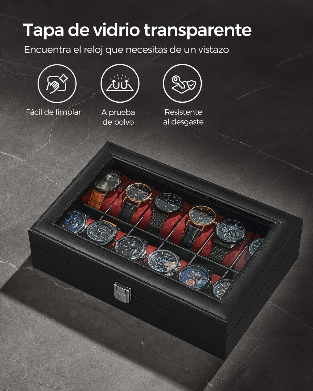 Caja para Relojes SONGMICS 12 Compartimentos – Tapa de Cristal, Cuero Sintético, Varios Colores