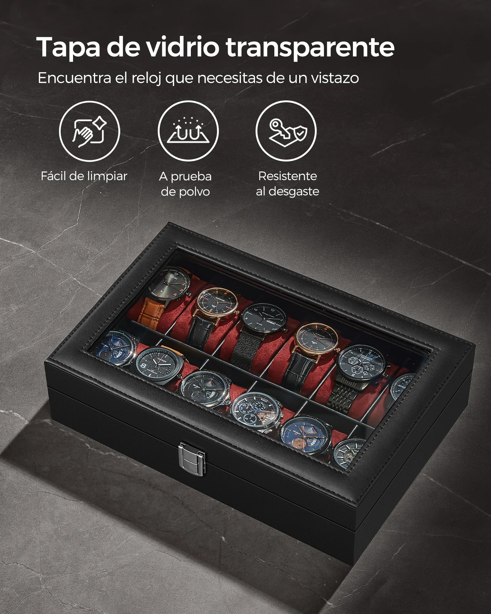 Caja para Relojes SONGMICS 12 Compartimentos – Tapa de Cristal, Cuero Sintético, Varios Colores