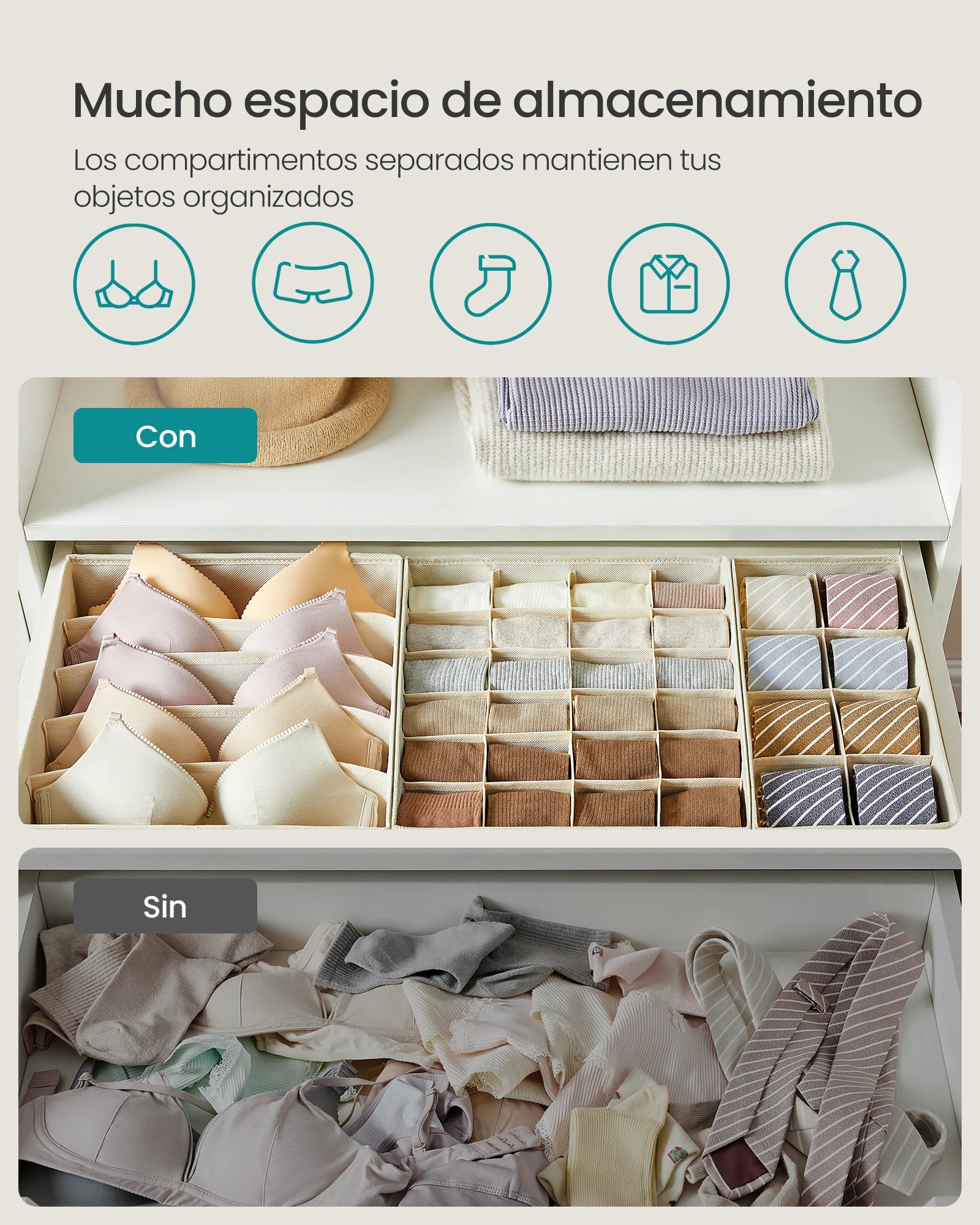 Organizadores de Cajón SONGMICS – Pack 8 Piezas Plegables para Sujetadores, Ropa Interior, Calcetines y Corbatas