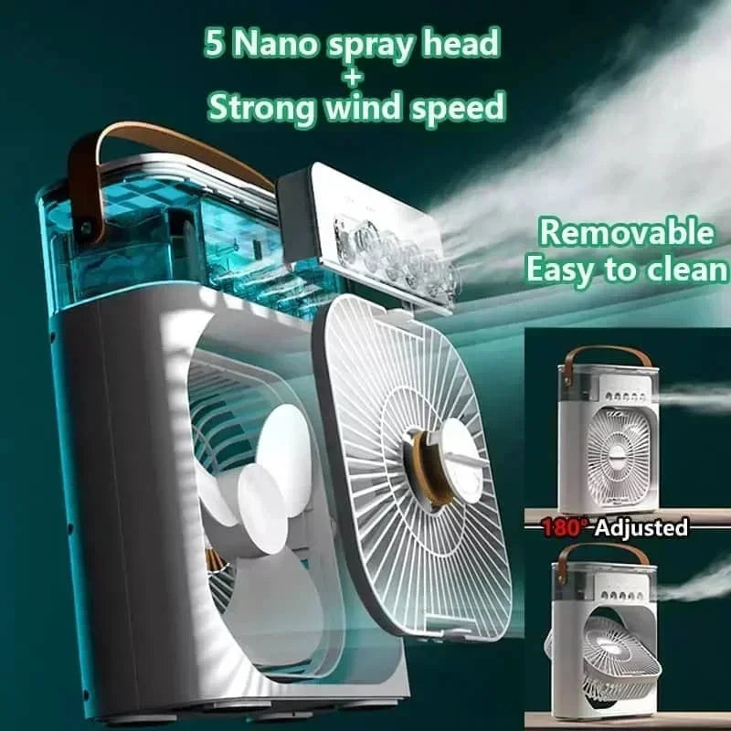 Ventilador 3 en 1 OIMG Portatil, Mini Aire Acondicionado con Humidificador, Luz LED Nocturna de 7 Colores, 3 Velocidades y Nebulizacion para Hogar y Oficina