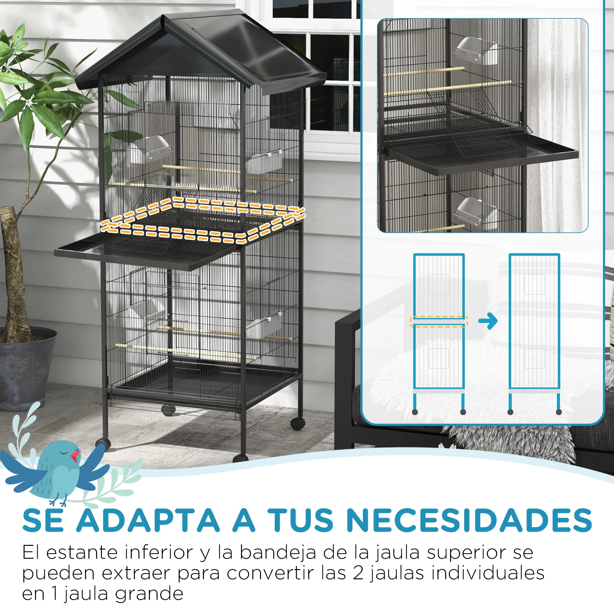Jaula para Pájaros PawHut 2 en 1 de 2 Plantas — 78x75x168 cm, Acero Negro, con Accesorios