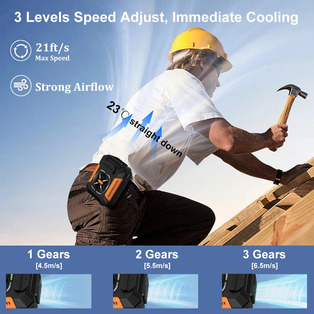 Ventilador de Cintura raugee 5000 mAh Portatil 2 en 1 con Linterna, Bateria Externa, 3 Velocidades, para Exteriores y Viajes