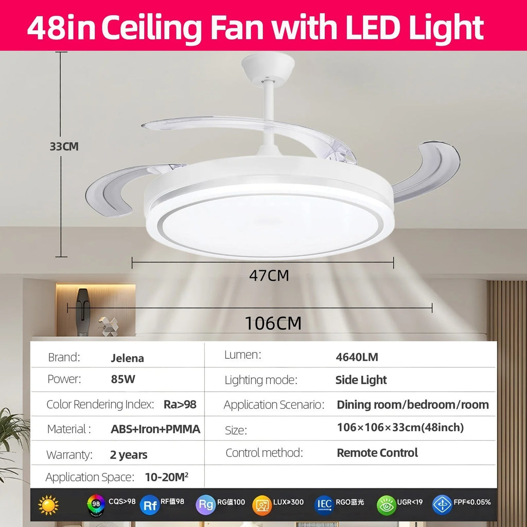Ventilador de Techo Retráctil de Bajo Consumo con Luz LED, Mando a Distancia, 3 Temperaturas de Color, 6 Velocidades Ajustables – Ideal para Salón y Hogar