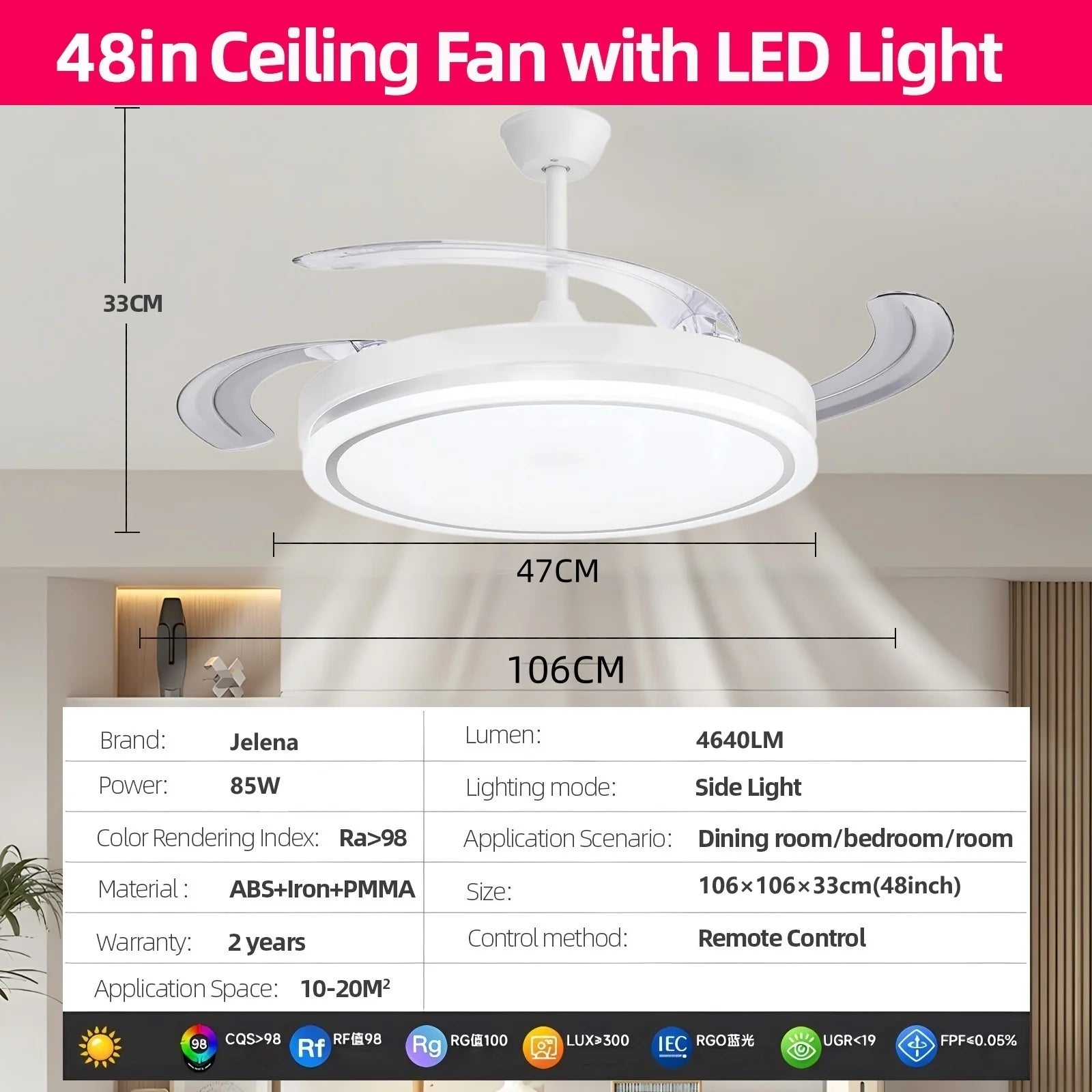 Ventilador de Techo Retráctil de Bajo Consumo con Luz LED, Mando a Distancia, 3 Temperaturas de Color, 6 Velocidades Ajustables – Ideal para Salón y Hogar