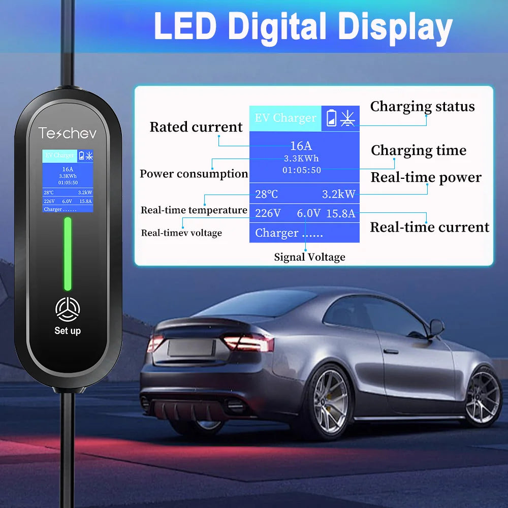 Cargador Portátil para Coche Eléctrico Teschev Type 2 IEC 62196 – 3,5 kW, 16A, IP65, Pantalla LED