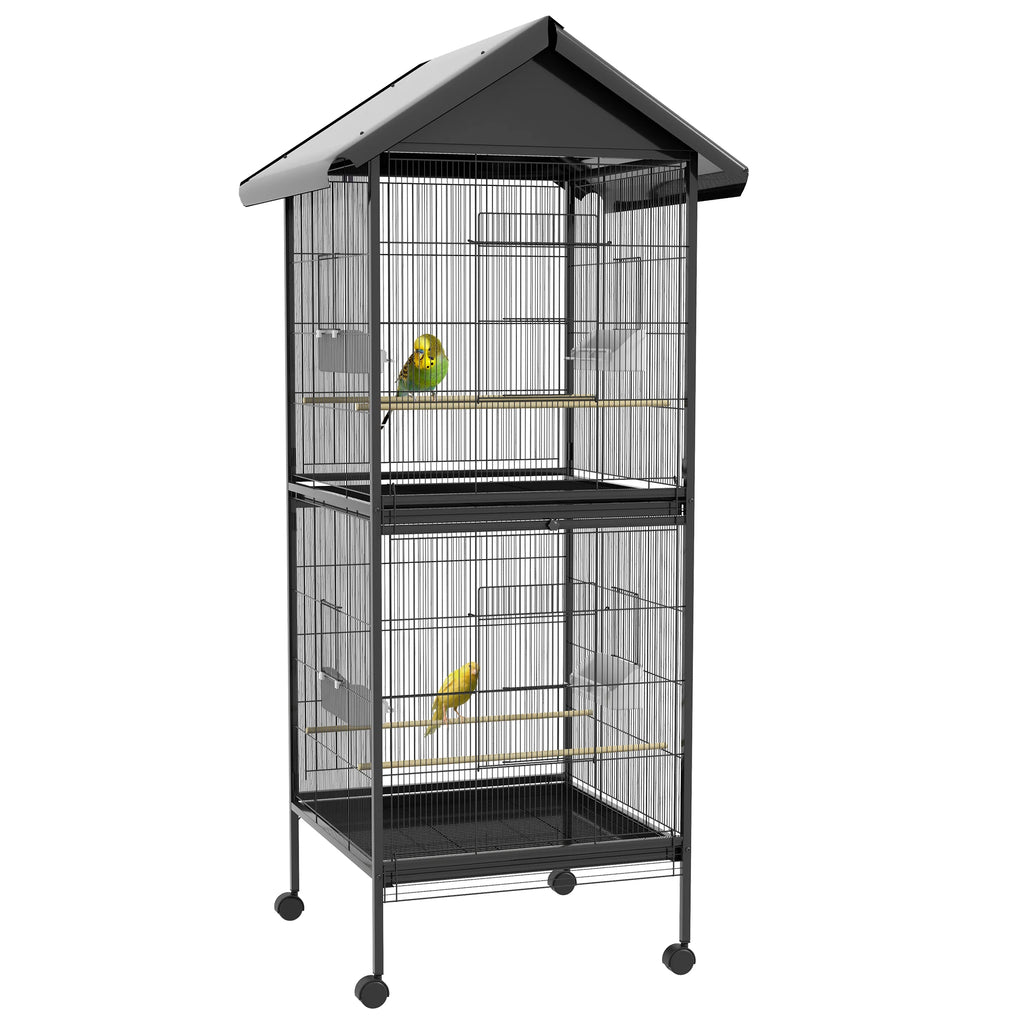 Jaula para Pájaros PawHut 2 en 1 de 2 Plantas — 78x75x168 cm, Acero Negro, con Accesorios