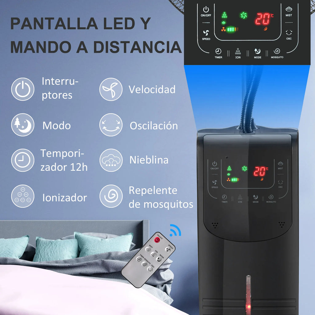 Ventilador de Pie HOMCOM con Nebulizador 90W, Oscilacion, Mando a Distancia, Ionizador, Repelente de Mosquitos, Temporizador 12H, 44,5x135 cm, Negro