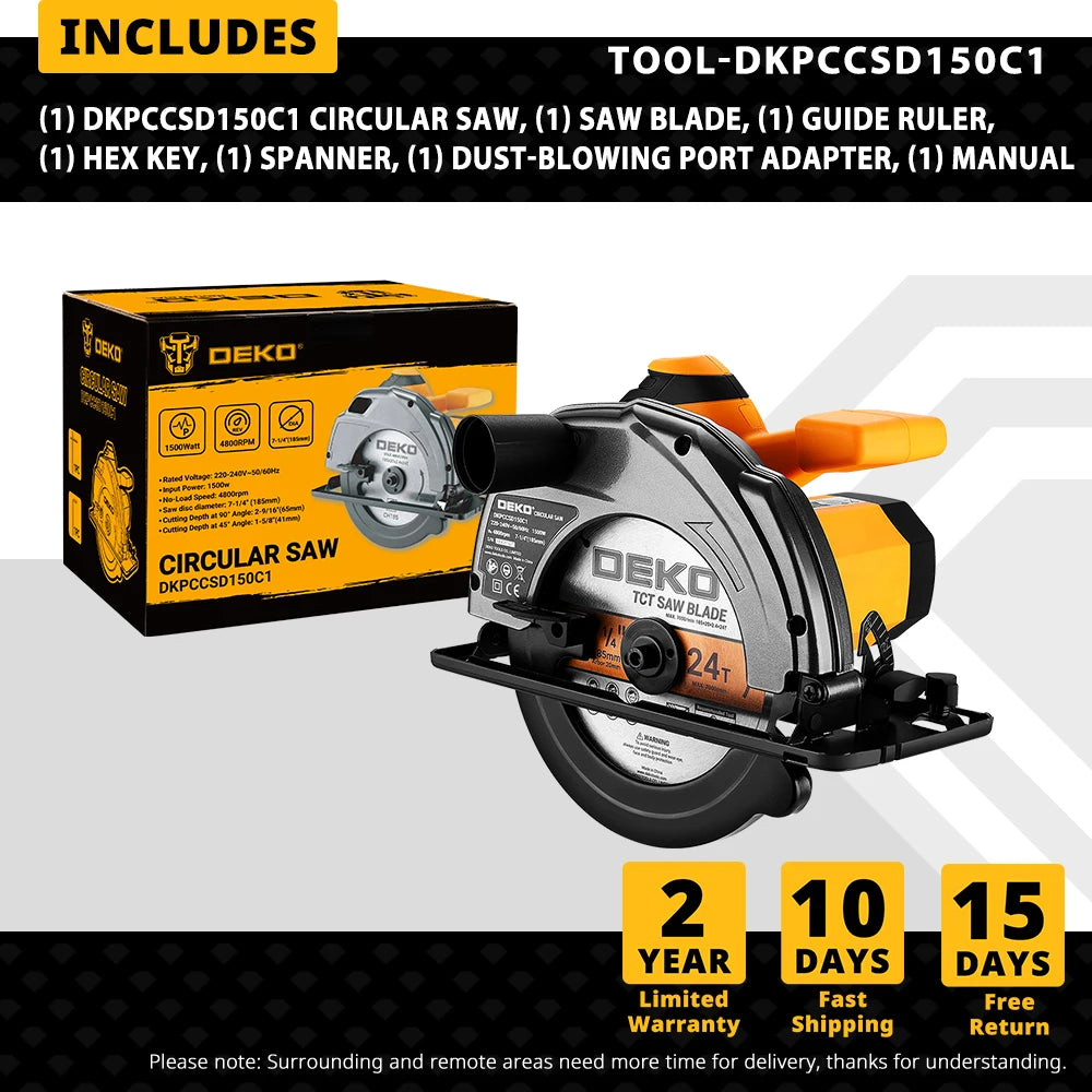 Sierra Circular Eléctrica DEKO 185mm – 1500W, 4800 RPM, Multifuncional con Mango Auxiliar, 220V