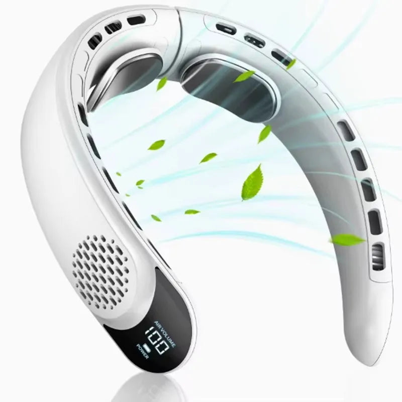 Ventilador de Cuello Sarmocare con Pantalla Digital, Refrigeración 360°, Sin Aspas, Portátil, 4000 mAh, Recargable por USB, 3 Velocidades