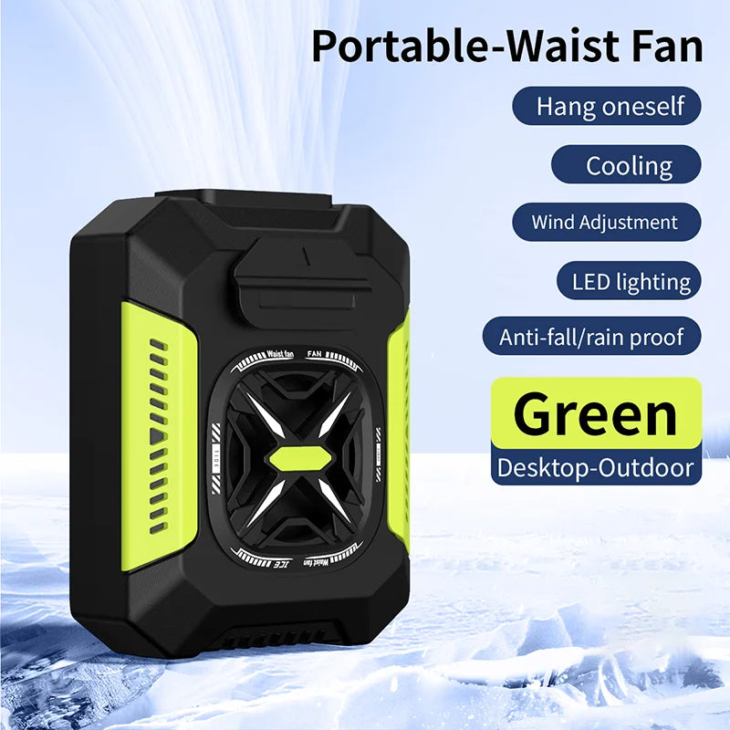 Ventilador de Cintura raugee 5000 mAh Portatil 2 en 1 con Linterna, Bateria Externa, 3 Velocidades, para Exteriores y Viajes