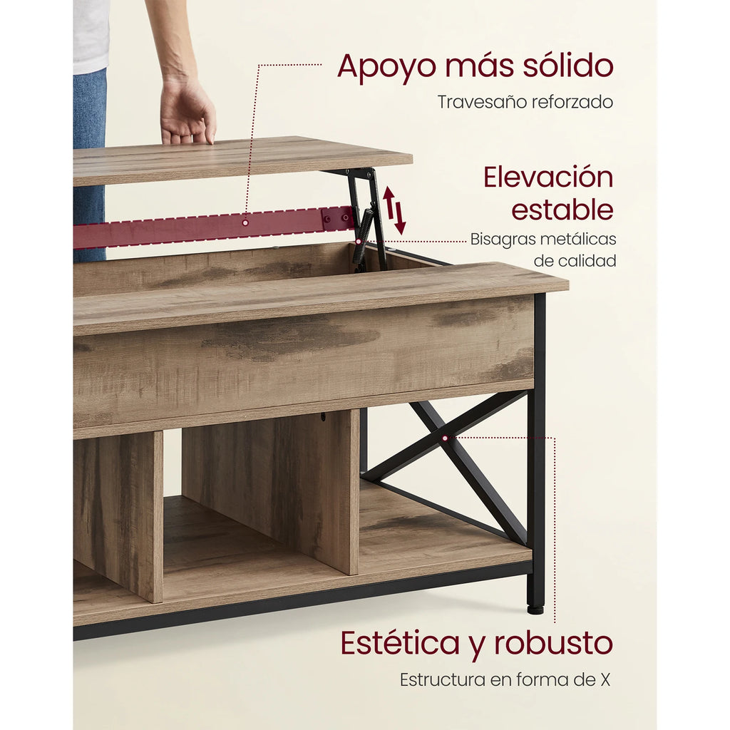Mesa de Centro Elevable VASAGLE – Tapa Abatible, Almacenamiento Abierto y Oculto, Barras en X, 60×100×(48-62) cm