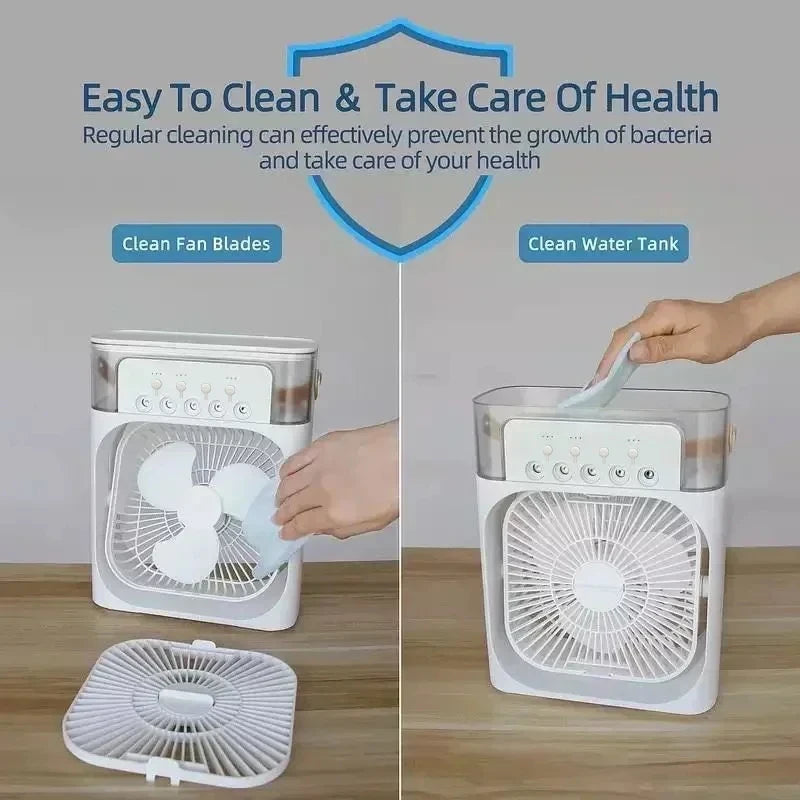 Ventilador 3 en 1 OIMG Portatil, Mini Aire Acondicionado con Humidificador, Luz LED Nocturna de 7 Colores, 3 Velocidades y Nebulizacion para Hogar y Oficina