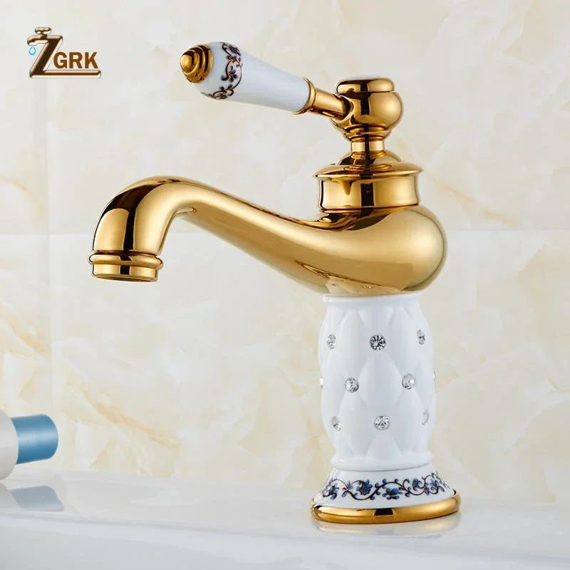 Grifo de Lavabo ZGRK Dorado Diamante | Monomando Latón | Agua Fría y Caliente | Estilo Clásico de Lujo
