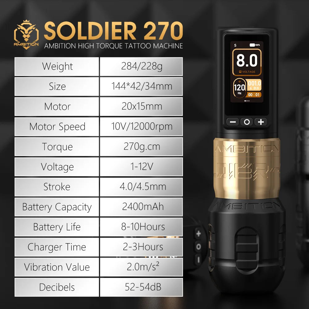 Máquina de Tatuar Inalámbrica Ambition Soldier 270 – Motor Brushless, Batería 2400mAh, Stroke 4.0+4.5mm