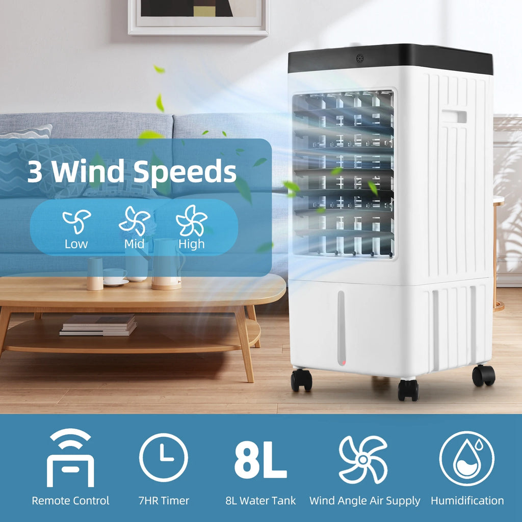 Enfriador de Aire Evaporativo 100° Oscilación, Mando a Distancia, 2 Cajas de Hielo, Depósito 8L, Temporizador 1-7H, 3 Velocidades