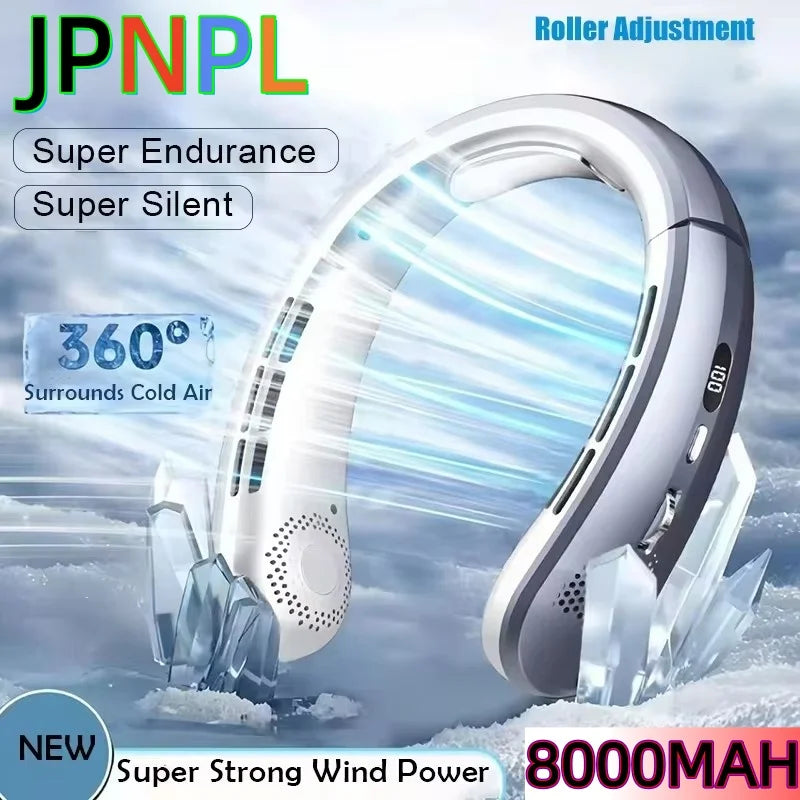 Ventilador de Cuello JPNPL 8000 mAh USB Sin Aspas, Portatil, Recargable, Silencioso, con Pantalla LED Digital, 100 Velocidades