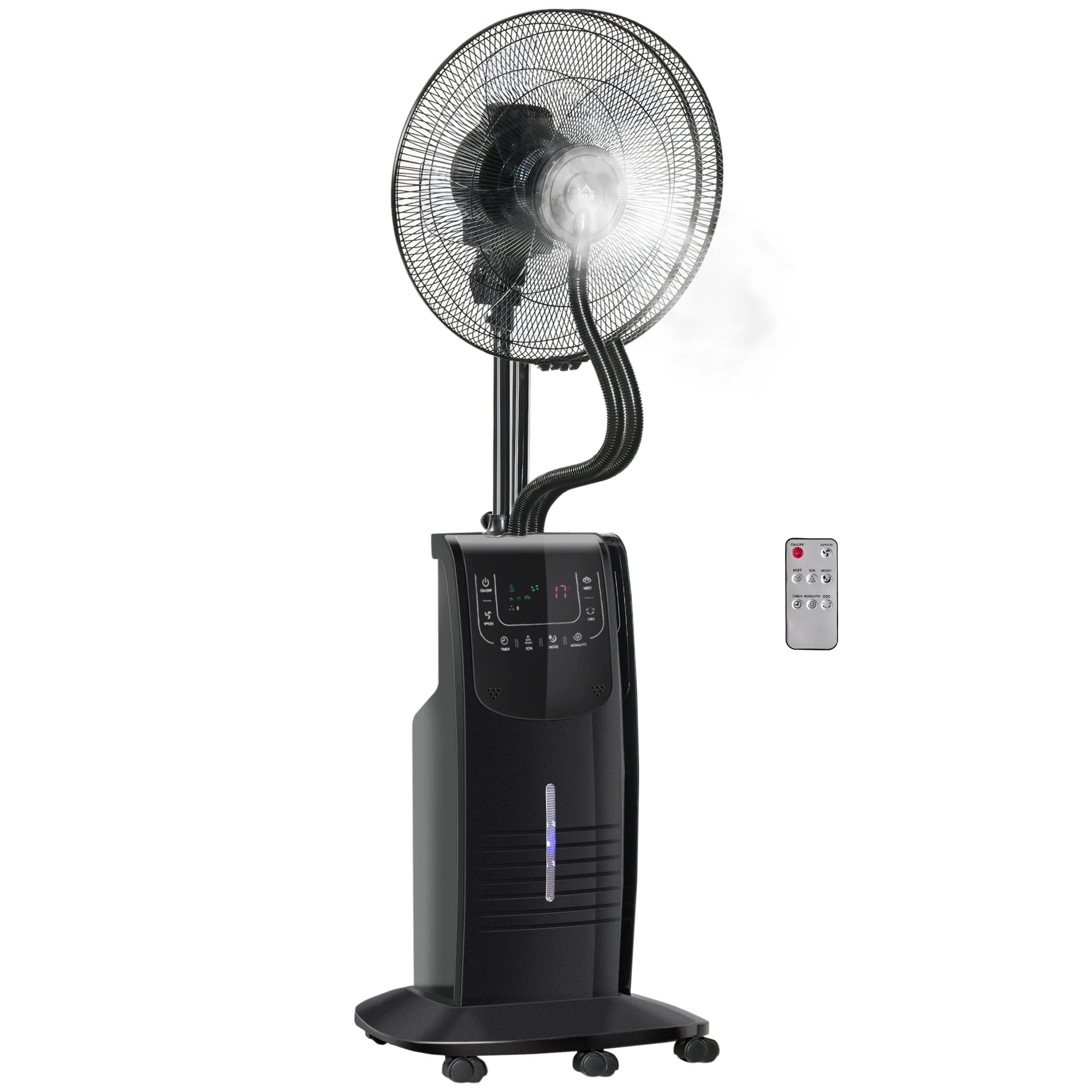 Ventilador de Pie HOMCOM con Nebulizador 90W, Oscilacion, Mando a Distancia, Ionizador, Repelente de Mosquitos, Temporizador 12H, 44,5x135 cm, Negro