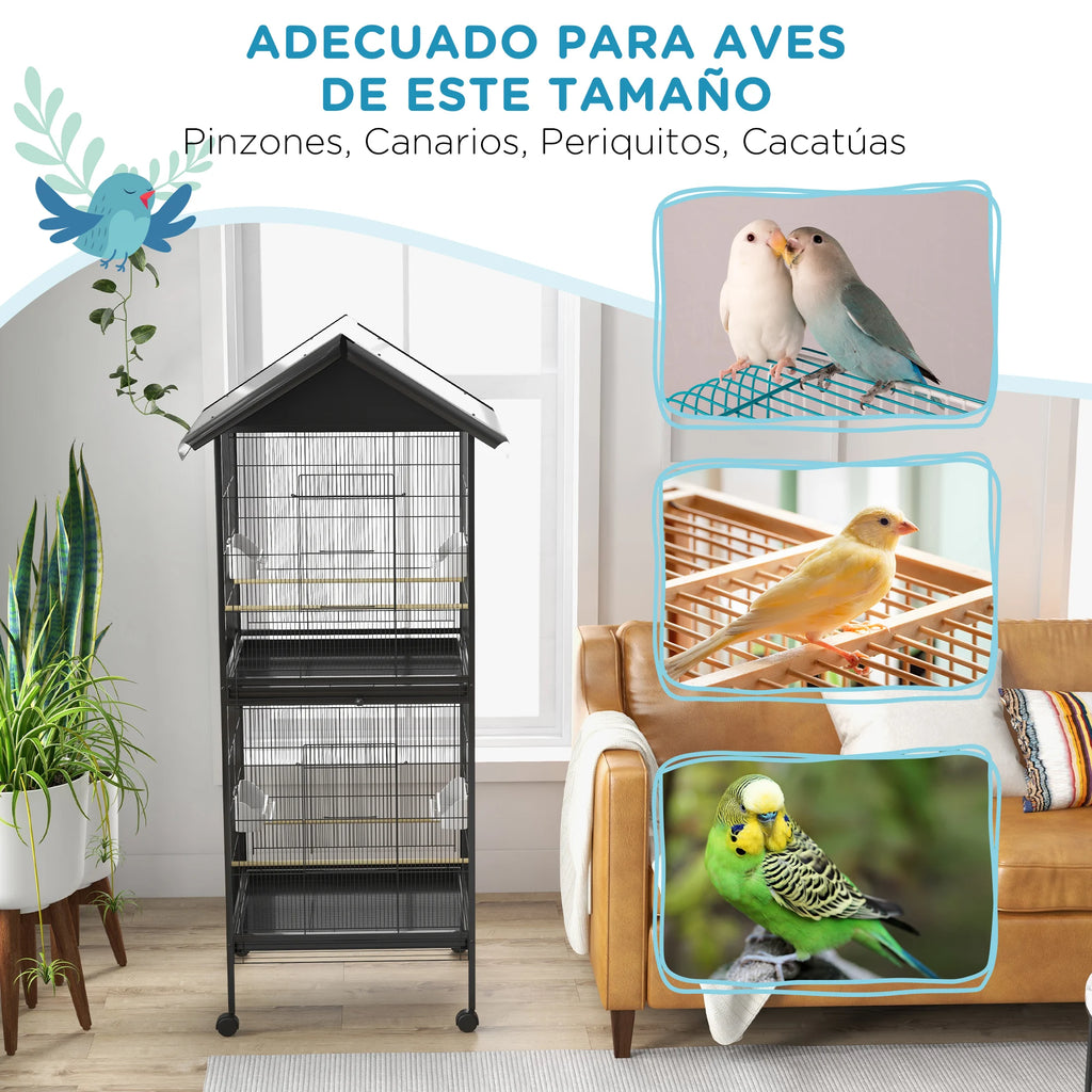 Jaula para Pájaros PawHut 2 en 1 de 2 Plantas — 78x75x168 cm, Acero Negro, con Accesorios