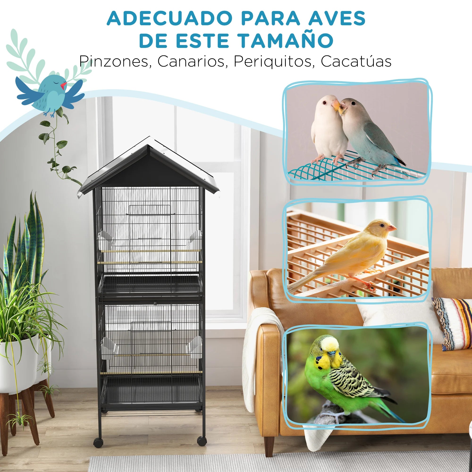 Jaula para Pájaros PawHut 2 en 1 de 2 Plantas — 78x75x168 cm, Acero Negro, con Accesorios