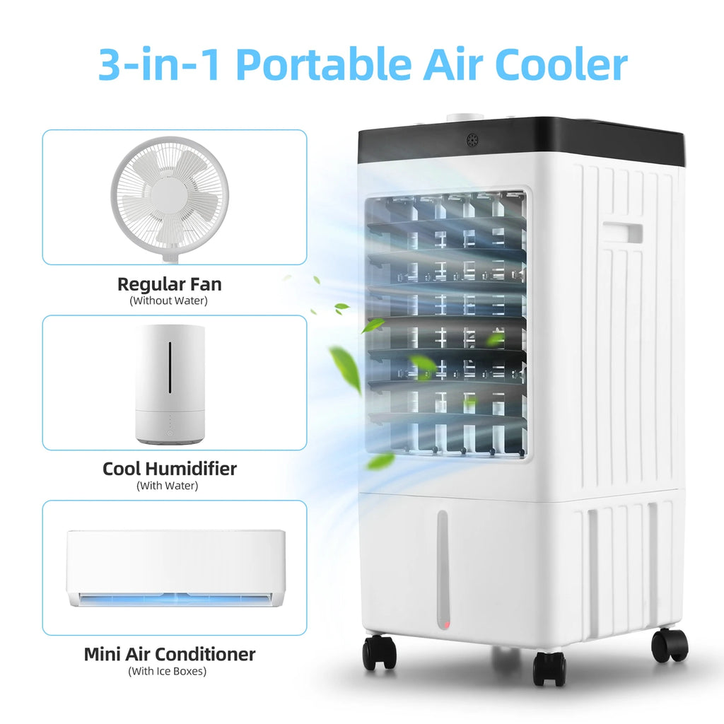 Enfriador de Aire Evaporativo 100° Oscilación, Mando a Distancia, 2 Cajas de Hielo, Depósito 8L, Temporizador 1-7H, 3 Velocidades