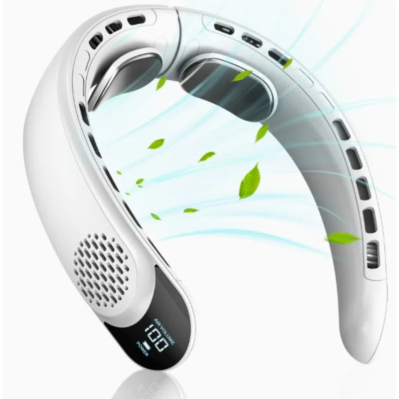 Ventilador de Cuello Sarmocare con Pantalla Digital, Refrigeración 360°, Sin Aspas, Portátil, 4000 mAh, Recargable por USB, 3 Velocidades