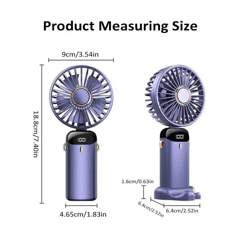 Ventilador Mini Portátil Plegable para Cuello y Mano – 5 Velocidades, USB Recargable, con Soporte para Móvil y Pantalla, 1800mAh