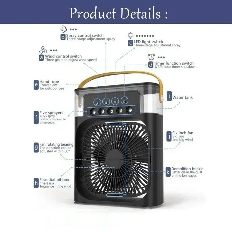 Ventilador 3 en 1 OIMG Portatil, Mini Aire Acondicionado con Humidificador, Luz LED de 7 Colores, 3 Velocidades y 3 Modos de Nebulizacion para Hogar y Oficina