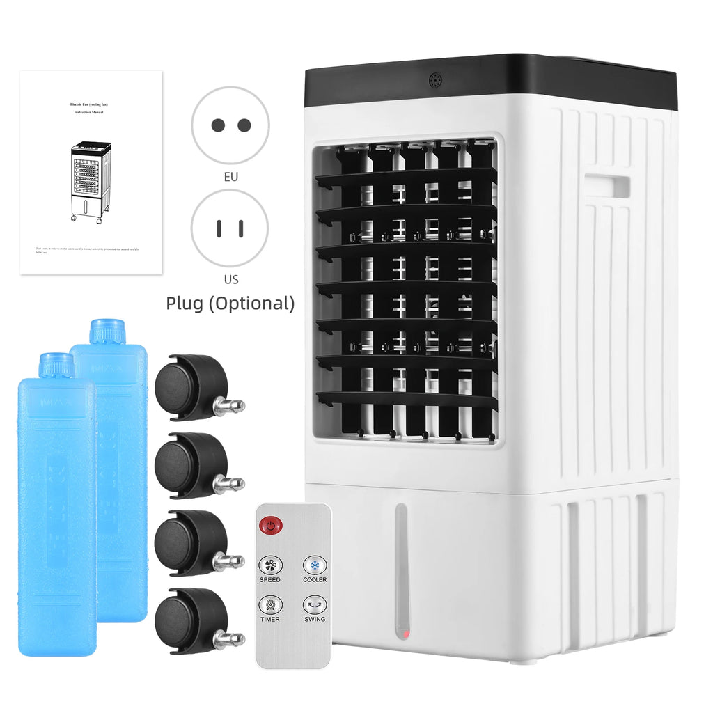 Enfriador de Aire Evaporativo 100° Oscilación, Mando a Distancia, 2 Cajas de Hielo, Depósito 8L, Temporizador 1-7H, 3 Velocidades
