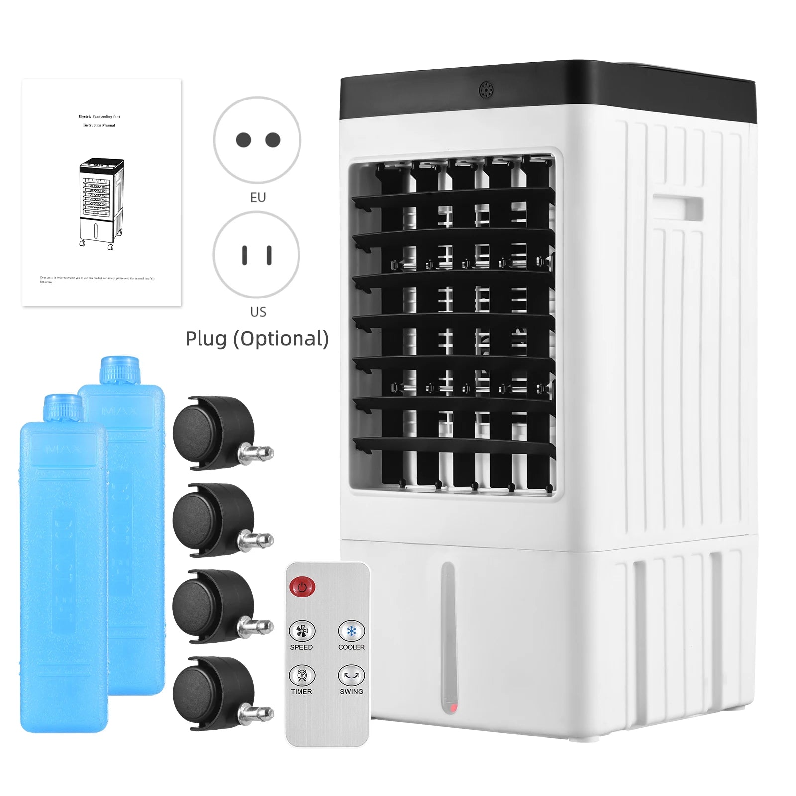 Enfriador de Aire Evaporativo 100° Oscilación, Mando a Distancia, 2 Cajas de Hielo, Depósito 8L, Temporizador 1-7H, 3 Velocidades