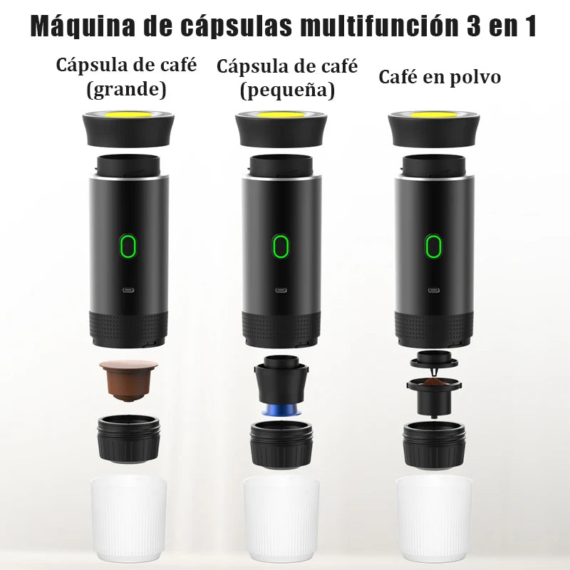 Cafetera Portátil 3 en 1 MicroData — Eléctrica Inalámbrica para Cápsulas y Café Molido, Coche, Casa y Camping