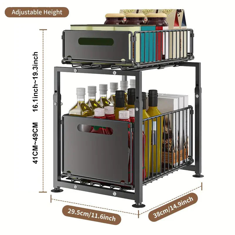 Organizador Extraíble 2 Niveles para Armario y Bajo Fregadero – Acero, Altura Ajustable, Negro