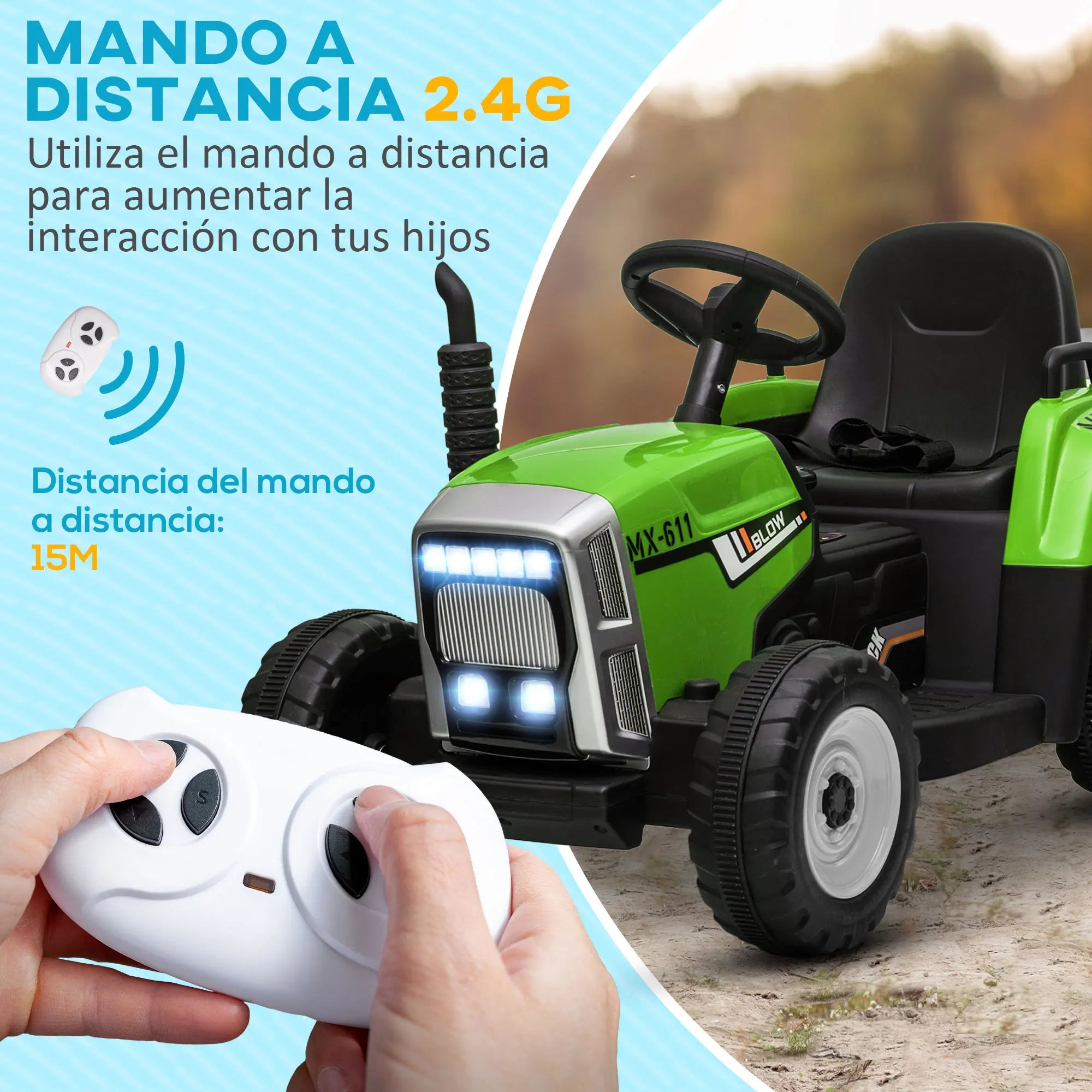 Tractor Eléctrico HOMCOM con Remolque para Niños de 3 a 6 Años — 12V, Mando a Distancia, Luces y Música