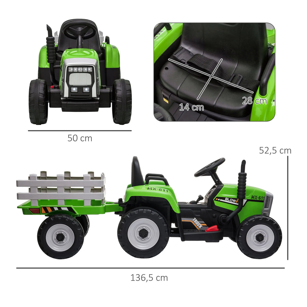 Tractor Eléctrico HOMCOM con Remolque para Niños de 3 a 6 Años — 12V, Mando a Distancia, Luces y Música