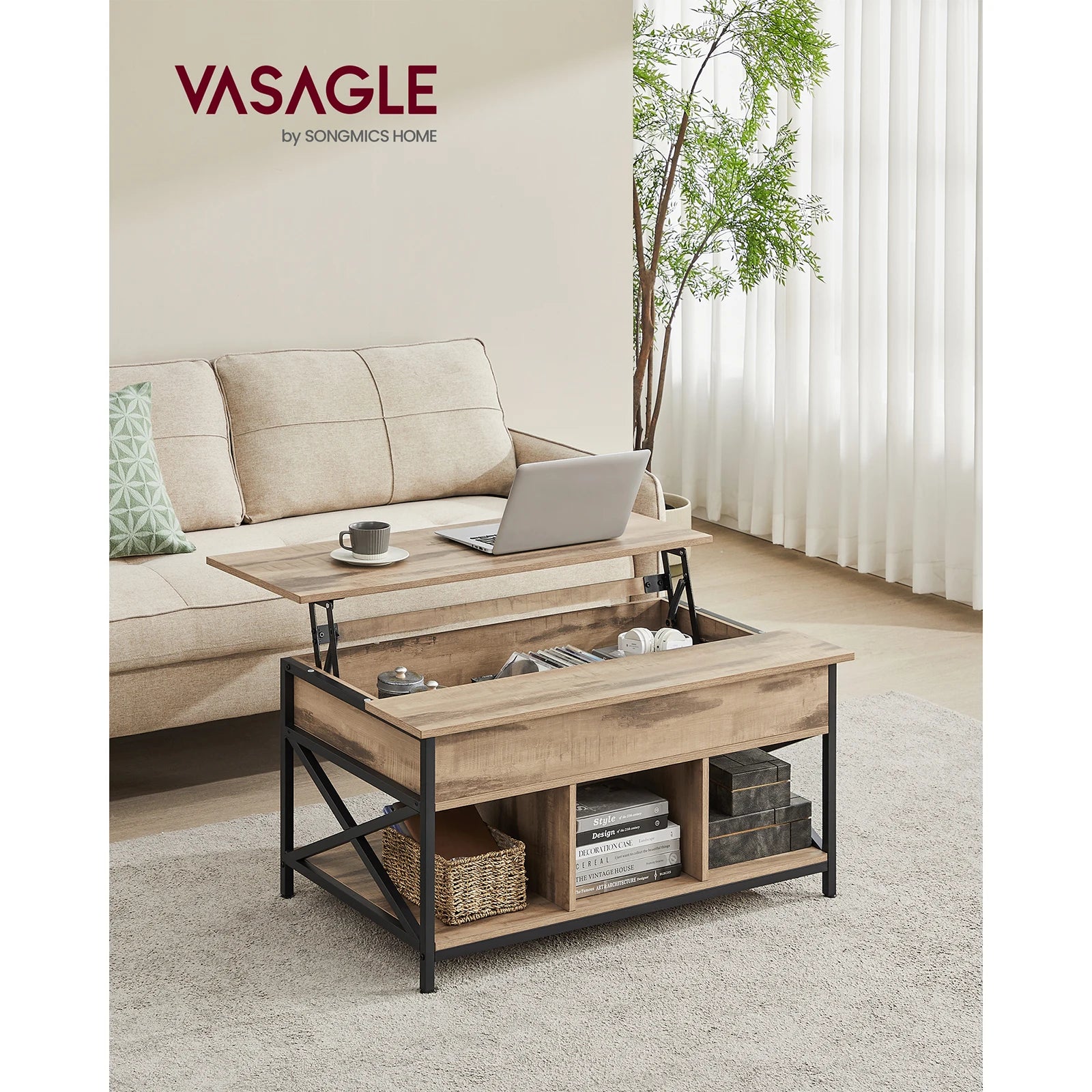Mesa de Centro Elevable VASAGLE – Tapa Abatible, Almacenamiento Abierto y Oculto, Barras en X, 60×100×(48-62) cm