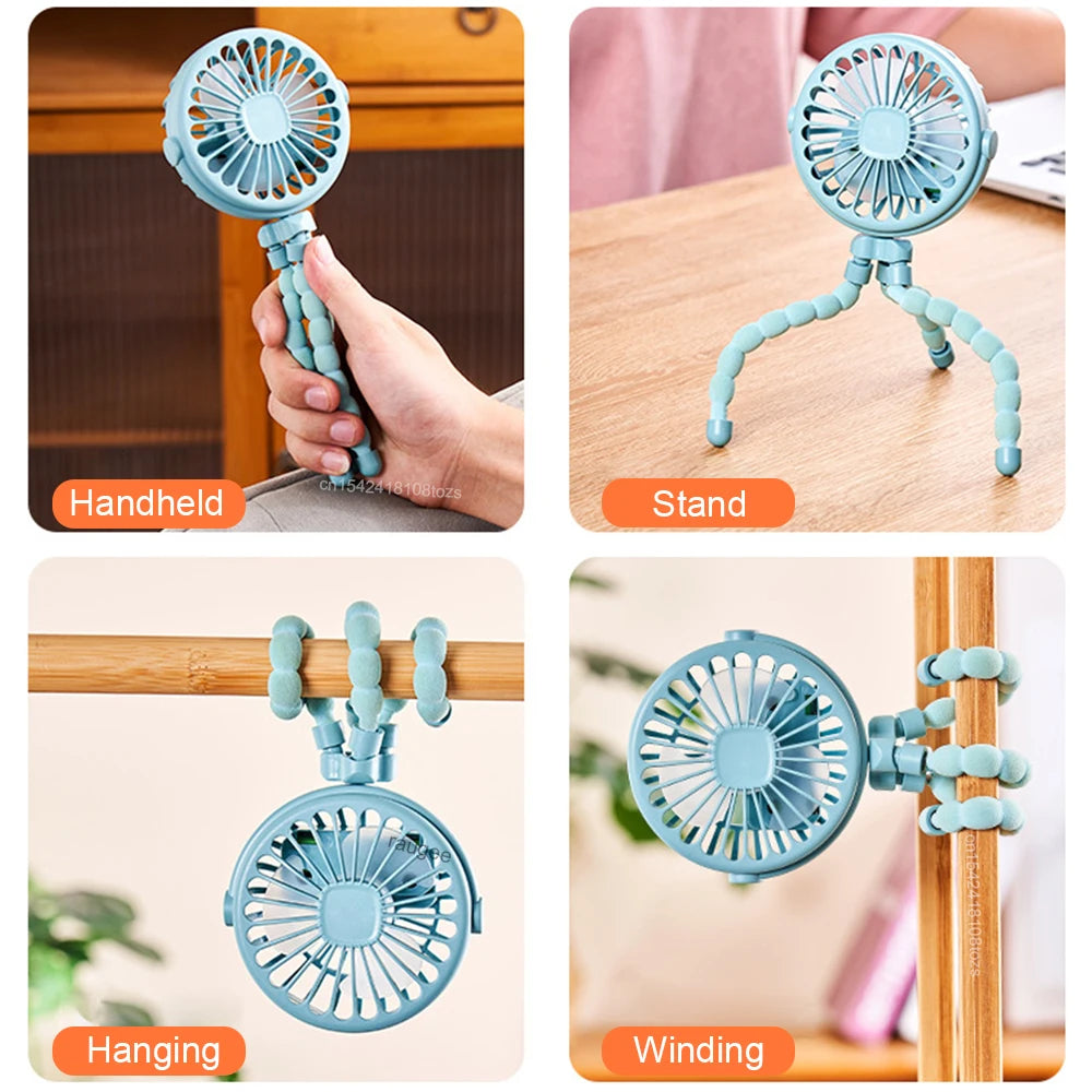 Ventilador Portátil con Pinza Mini USB Recargable 360° para Cochecito, Escritorio y Exterior