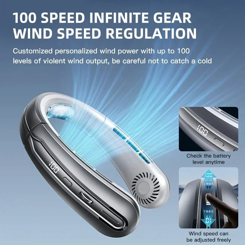 Ventilador de Cuello JPNPL 8000 mAh USB Sin Aspas, Portatil, Recargable, Silencioso, con Pantalla LED Digital, 100 Velocidades