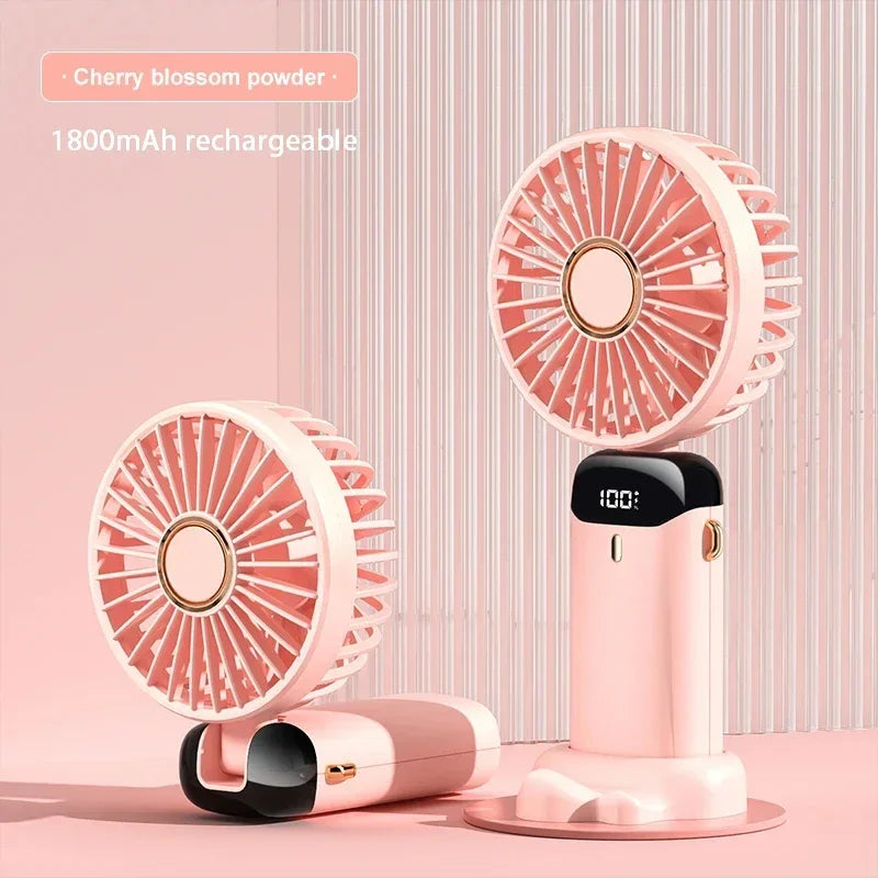 Ventilador Mini Portátil Plegable para Cuello y Mano – 5 Velocidades, USB Recargable, con Soporte para Móvil y Pantalla, 1800mAh
