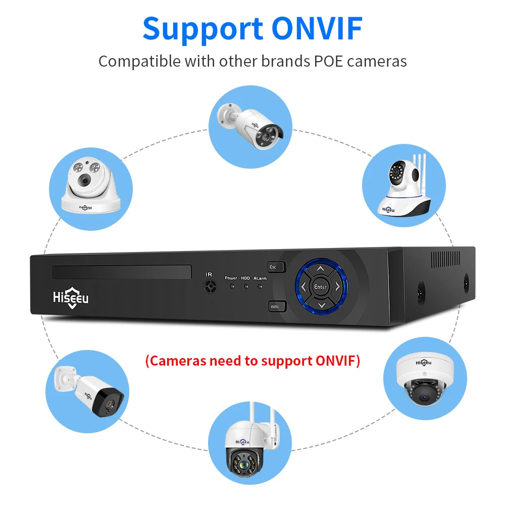 Grabador NVR POE Hiseeu H.265+ – 8CH / 16CH, 4K, Detección Facial, Compatible Hikvision/Dahua, App XMeye