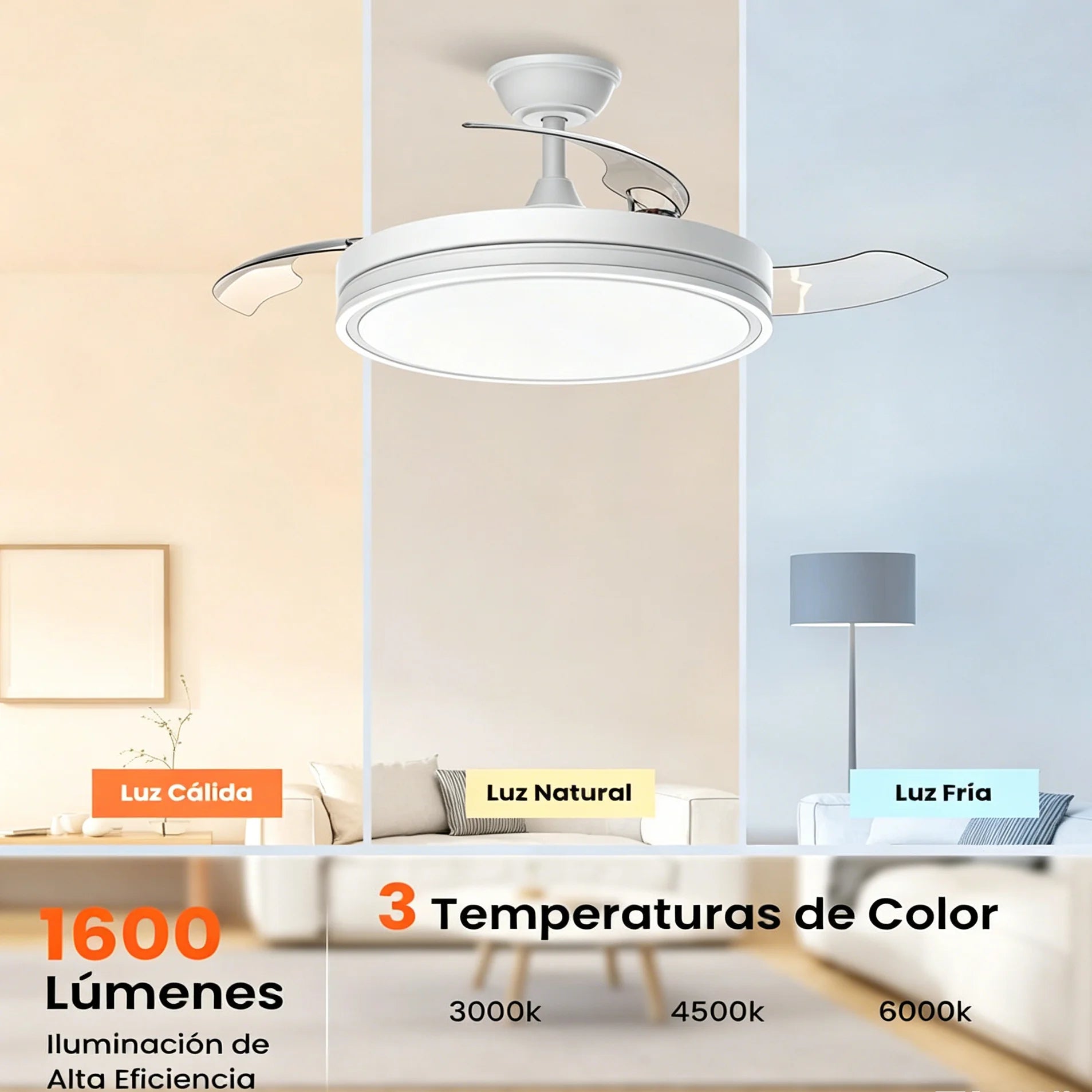 Ventilador de Techo Retráctil de Bajo Consumo con Luz LED, Mando a Distancia, 3 Temperaturas de Color, 6 Velocidades Ajustables – Ideal para Salón y Hogar