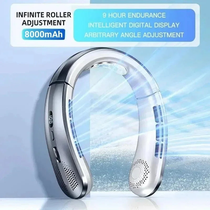 Ventilador de Cuello JPNPL 8000 mAh USB Sin Aspas, Portatil, Recargable, Silencioso, con Pantalla LED Digital, 100 Velocidades