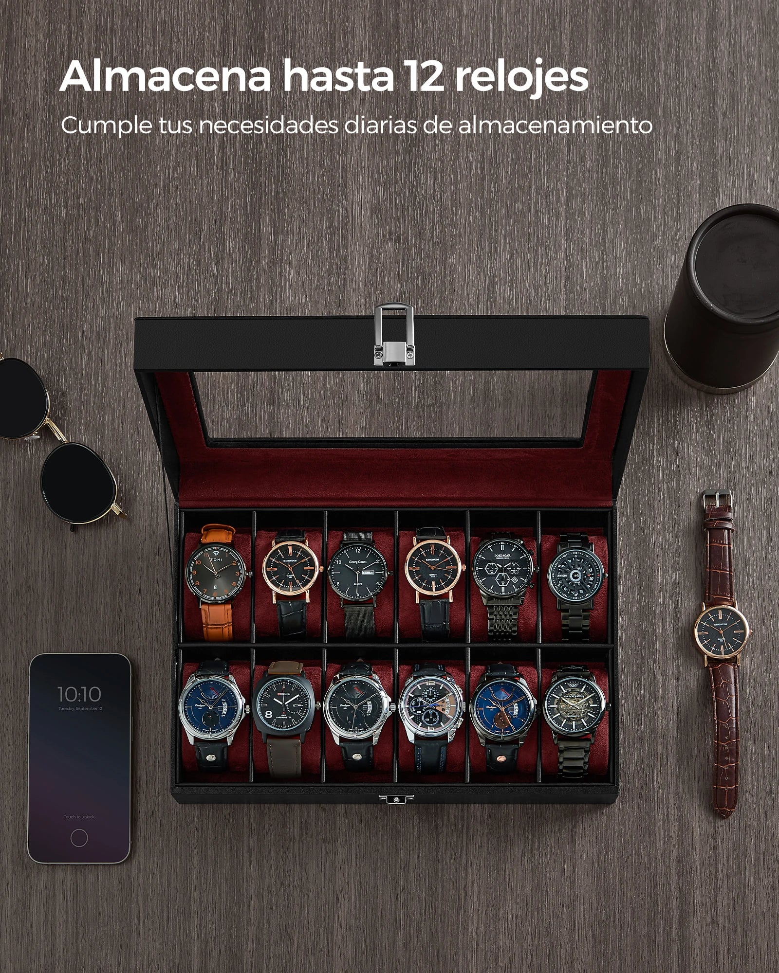 Caja para Relojes SONGMICS 12 Compartimentos – Tapa de Cristal, Cuero Sintético, Varios Colores