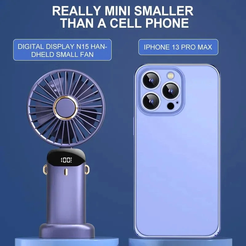 Ventilador Mini Portátil Plegable para Cuello y Mano – 5 Velocidades, USB Recargable, con Soporte para Móvil y Pantalla, 1800mAh