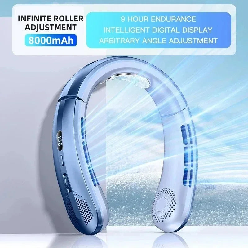 Ventilador de Cuello JPNPL 8000 mAh USB Sin Aspas, Portatil, Recargable, Silencioso, con Pantalla LED Digital, 100 Velocidades
